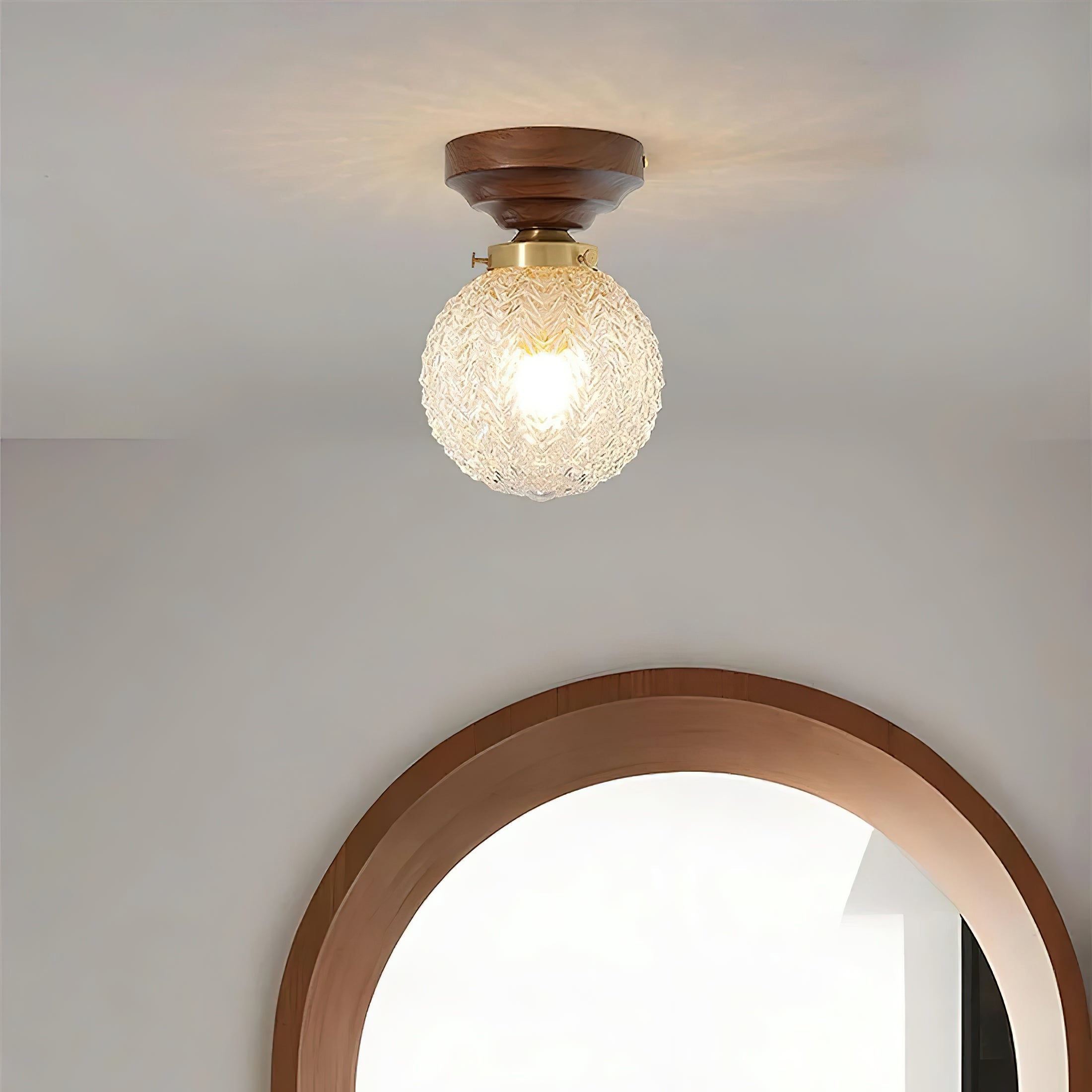 Textured Glass Globe Wood Base Ceiling Light