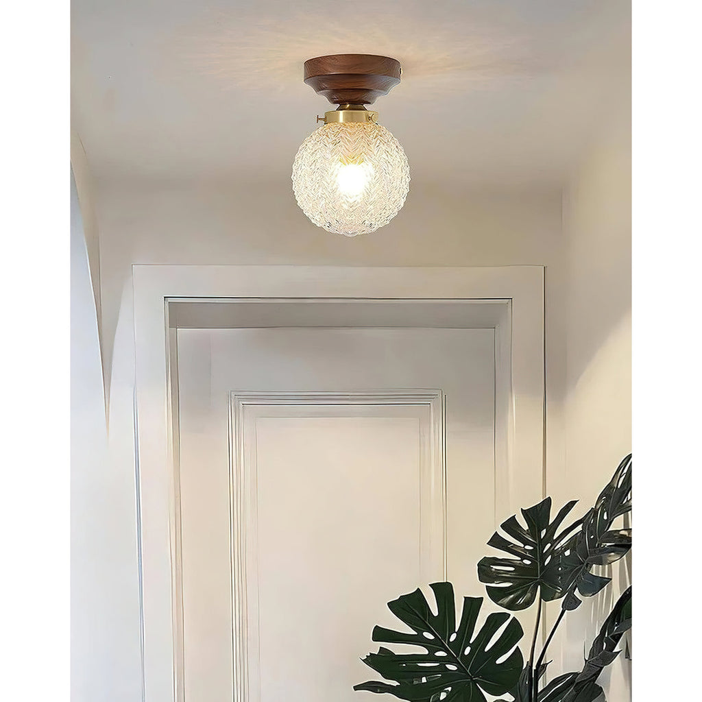 Textured Glass Globe Wood Base Ceiling Light