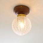 Textured Glass Globe Wood Base Ceiling Light