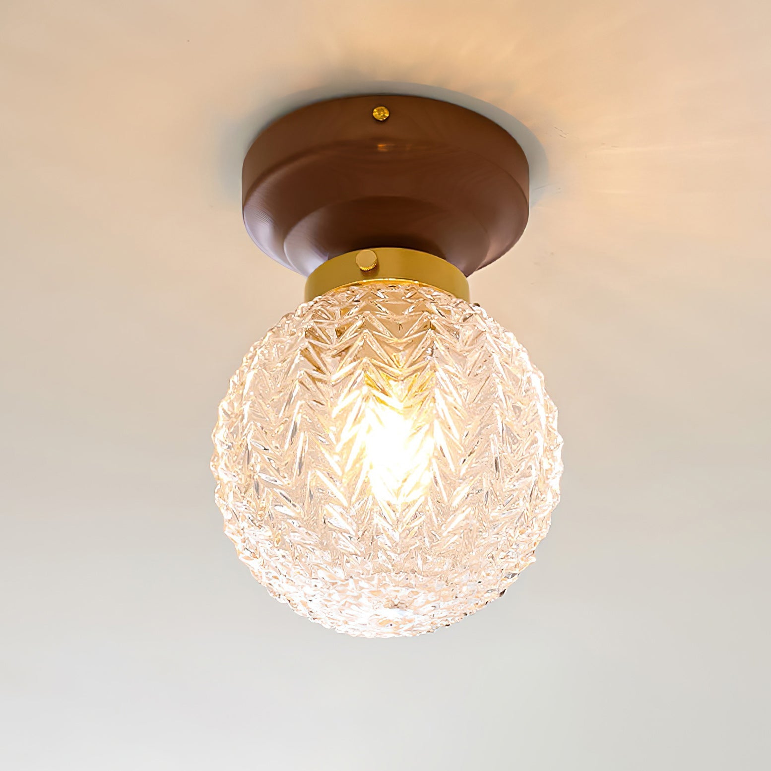Textured Glass Globe Wood Base Ceiling Light