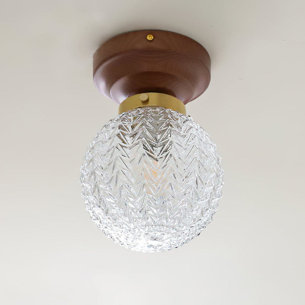 Textured Glass Globe Wood Base Ceiling Light