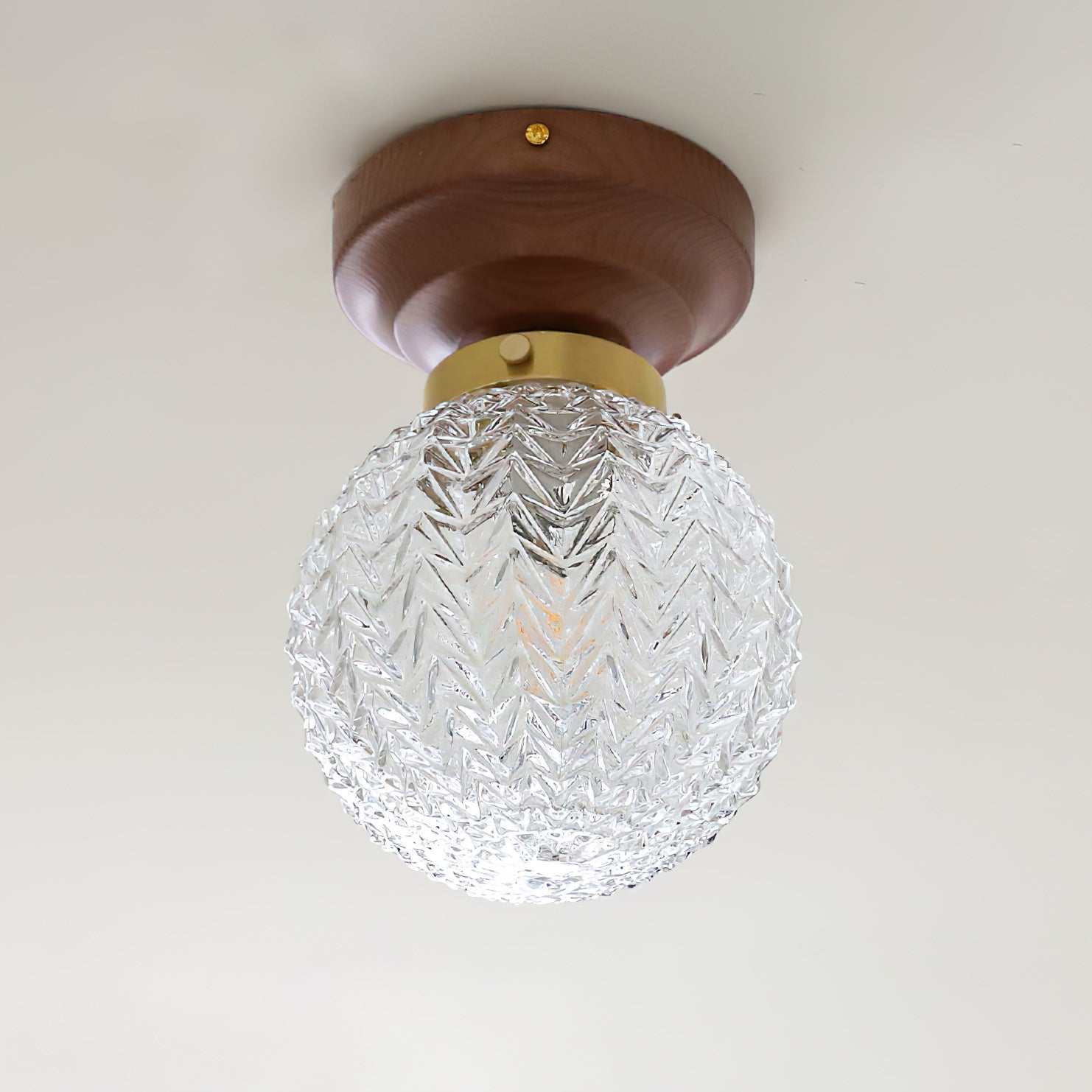 Textured Glass Globe Wood Base Ceiling Light