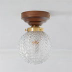 Textured Glass Globe Wood Base Ceiling Light
