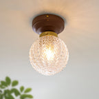 Textured Glass Globe Wood Base Ceiling Light