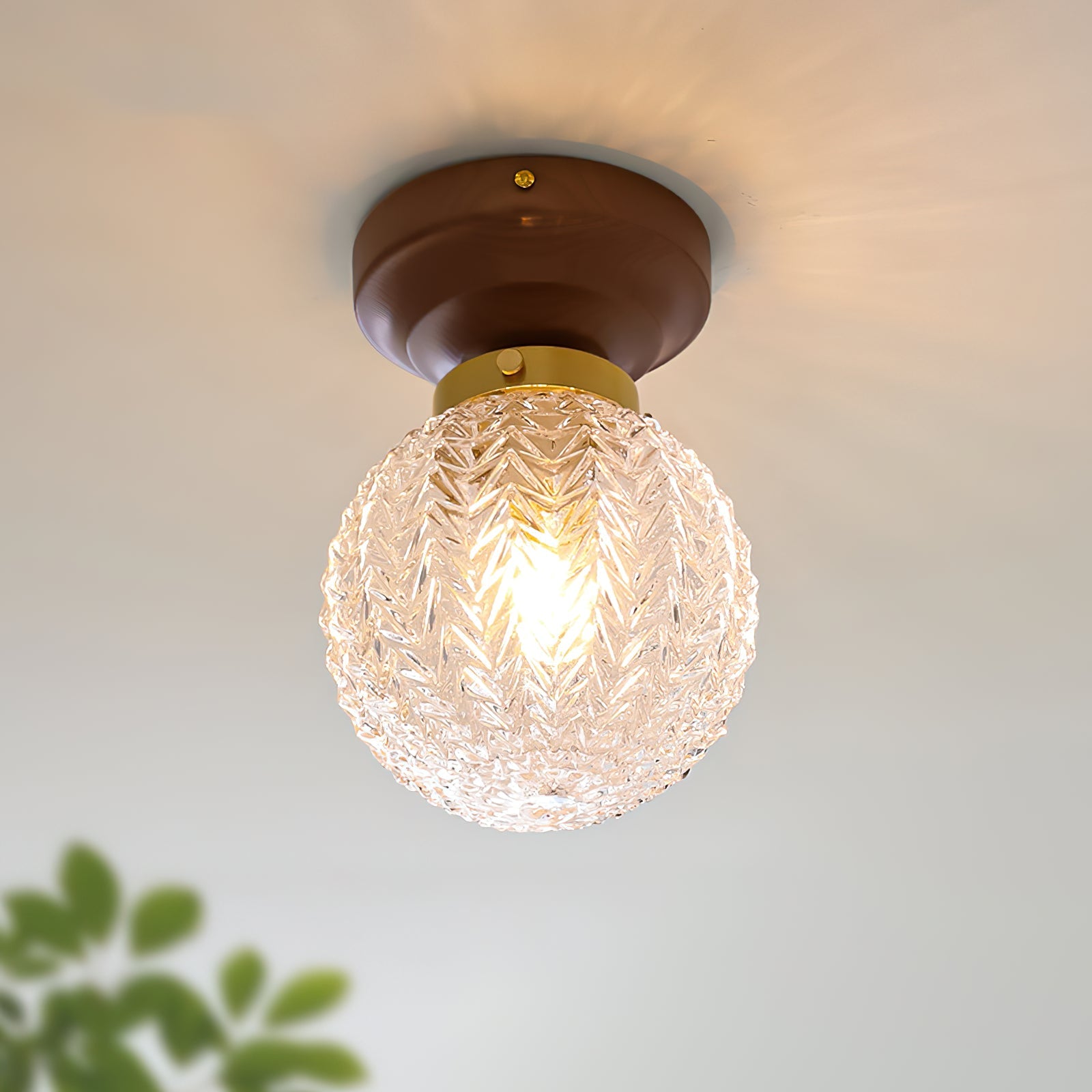 Textured Glass Globe Wood Base Ceiling Light