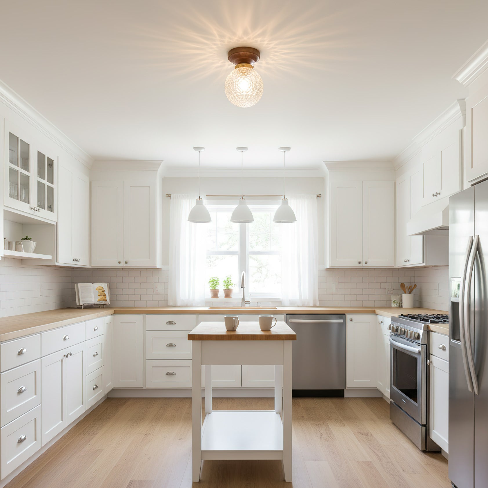 Textured Glass Globe Wood Base Ceiling Light