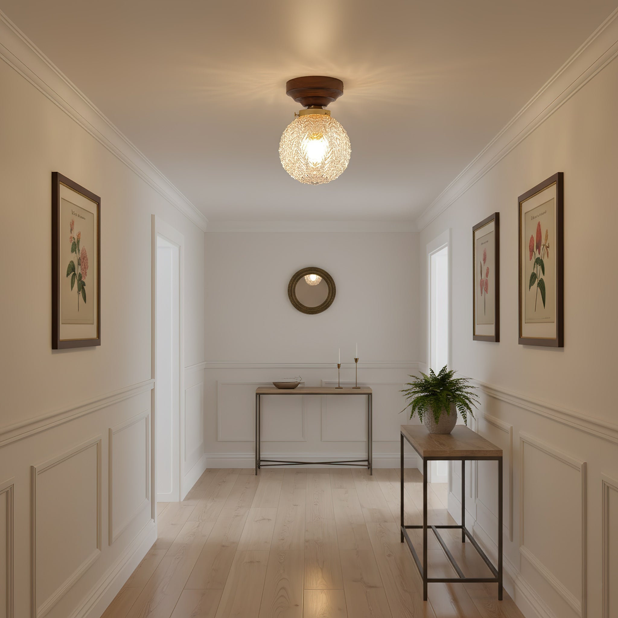 Textured Glass Globe Wood Base Ceiling Light