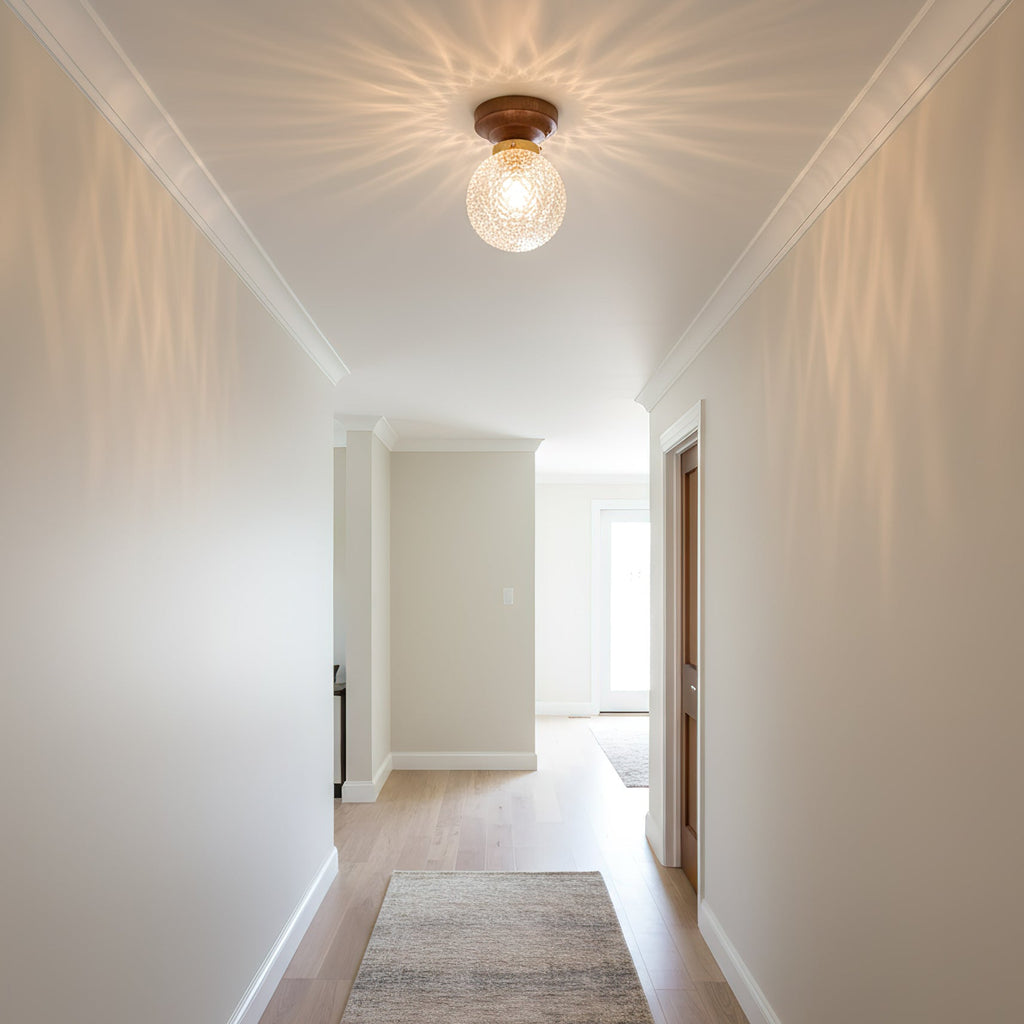Textured Glass Globe Wood Base Ceiling Light