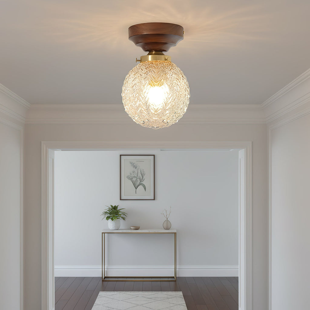 Textured Glass Globe Wood Base Ceiling Light
