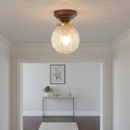 Textured Glass Globe Wood Base Ceiling Light