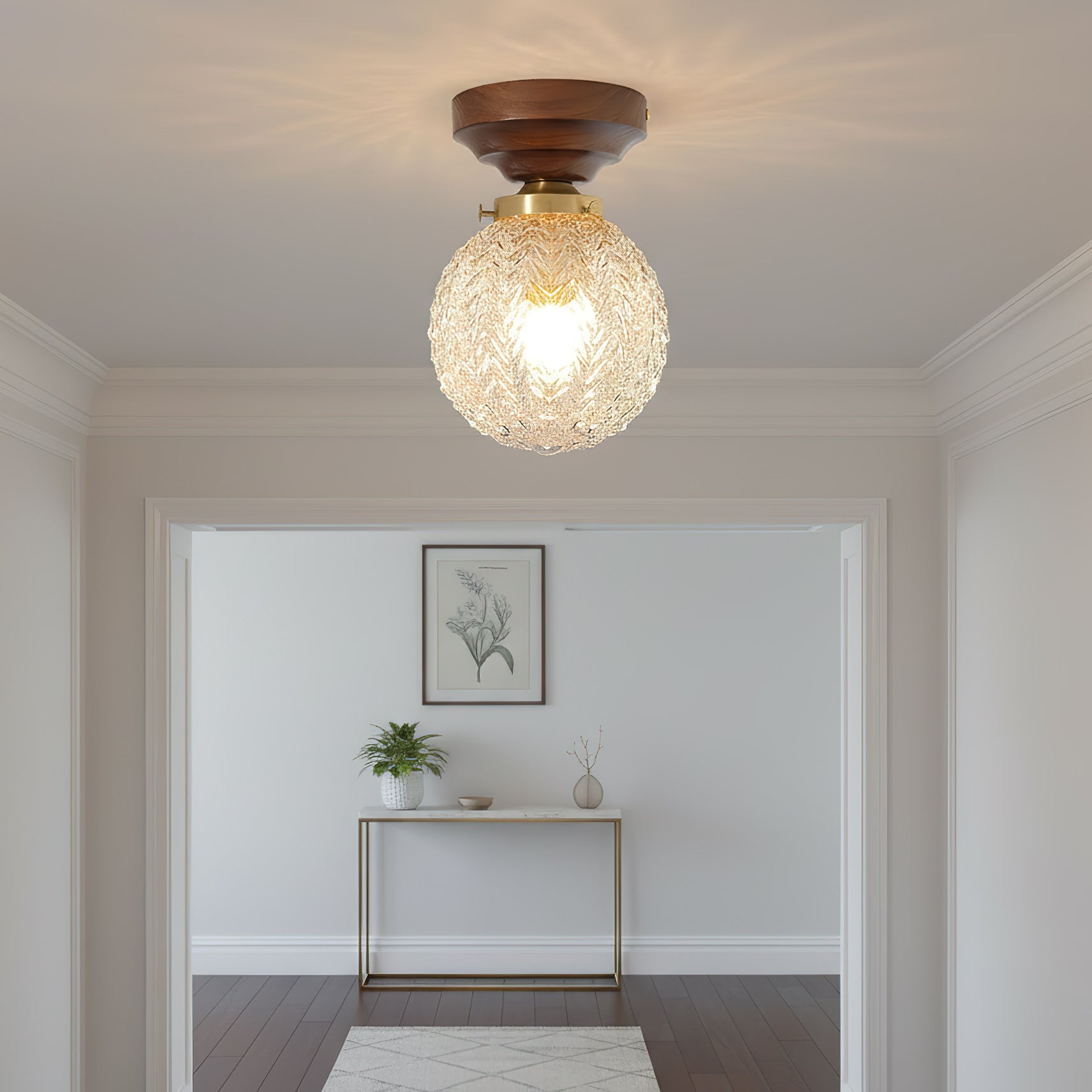 Textured Glass Globe Wood Base Ceiling Light