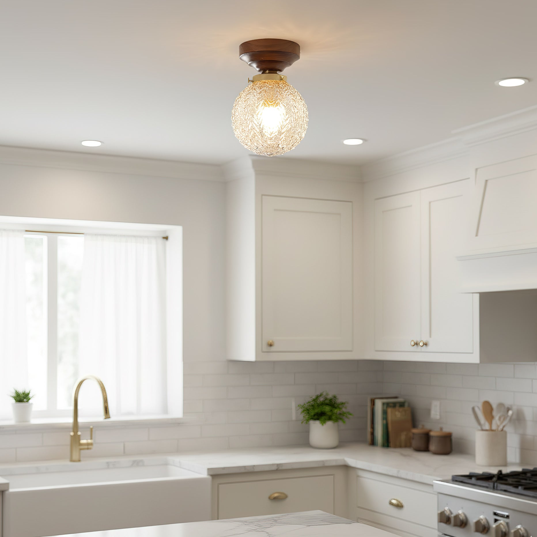 Textured Glass Globe Wood Base Ceiling Light