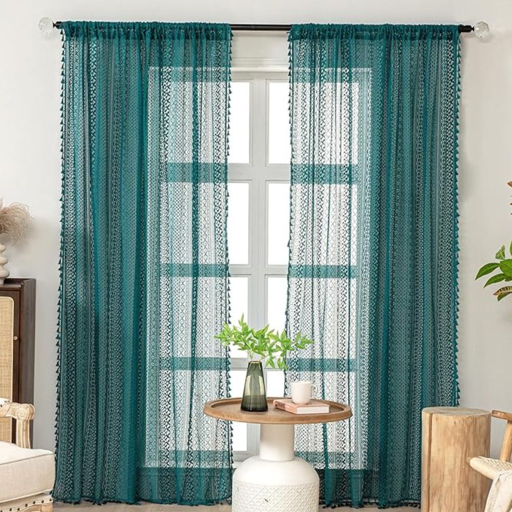 LumineSpitze: Curtains with Crochet Lace & Tassels – Semi-Transparent & Decorative for Living Rooms