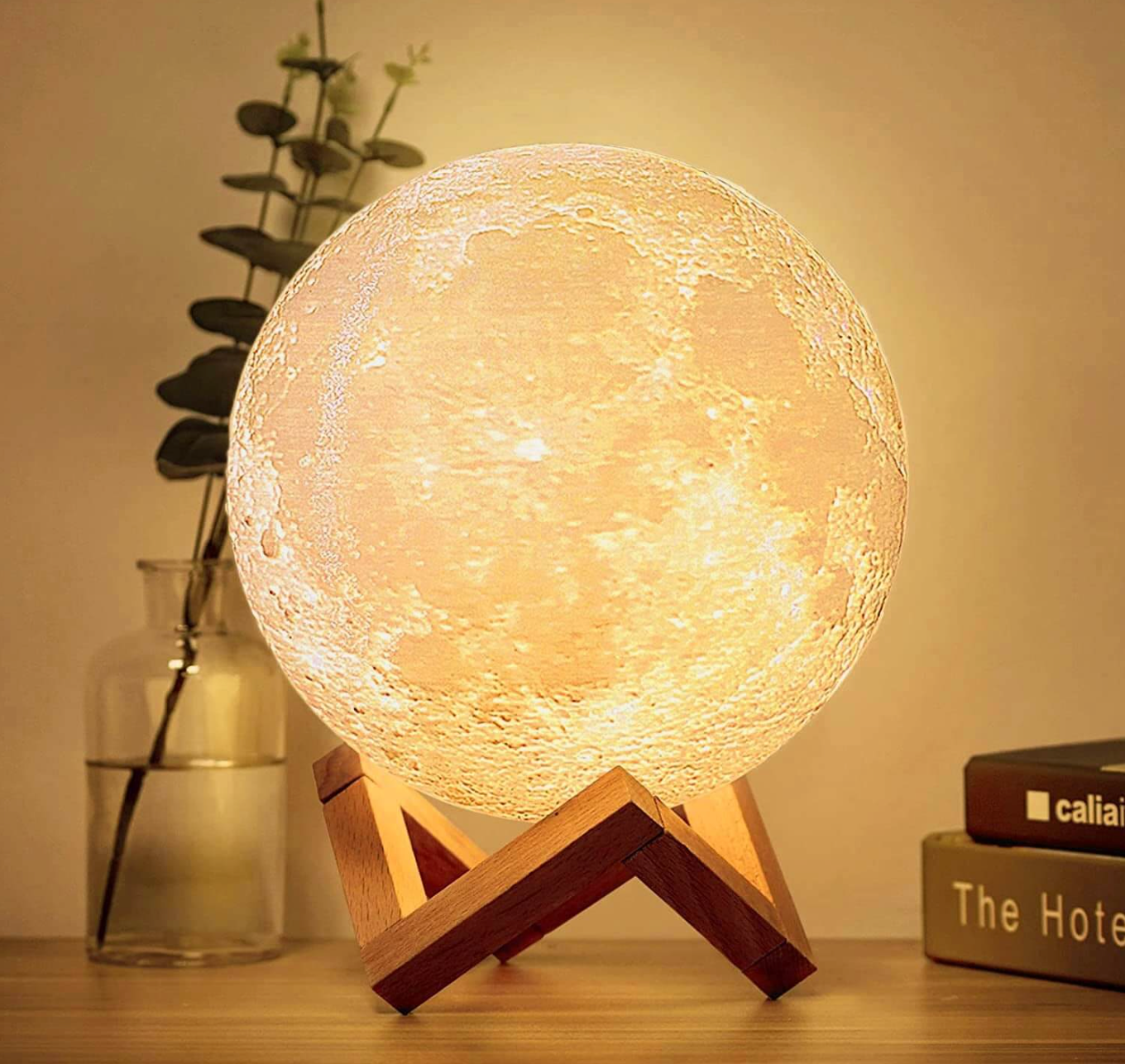 LunaGlanz: LED Moon Lamp – Wireless, Dimmable & Rechargeable with Remote Control & Wooden Stand