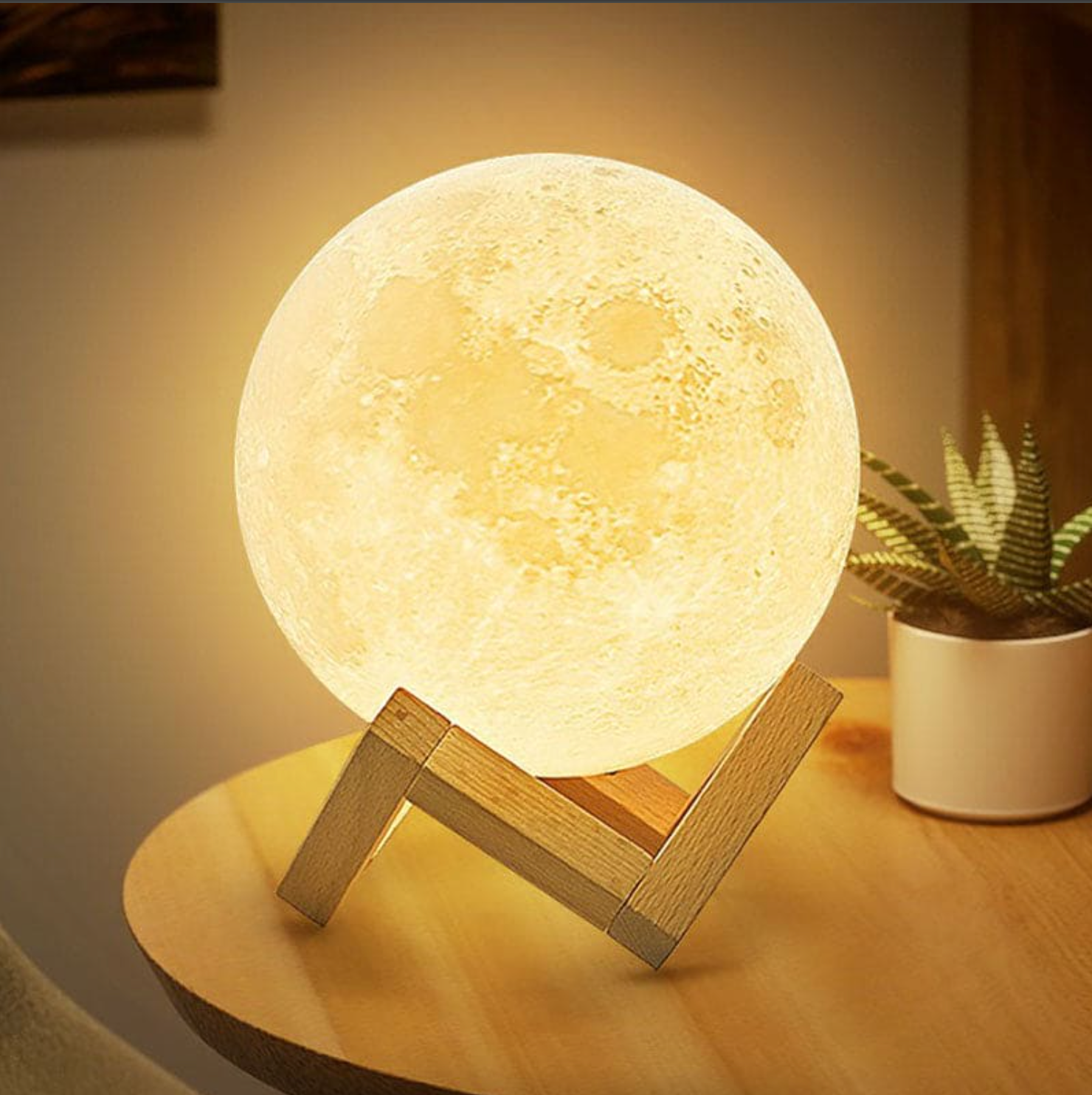 LunaGlanz: LED Moon Lamp – Wireless, Dimmable & Rechargeable with Remote Control & Wooden Stand