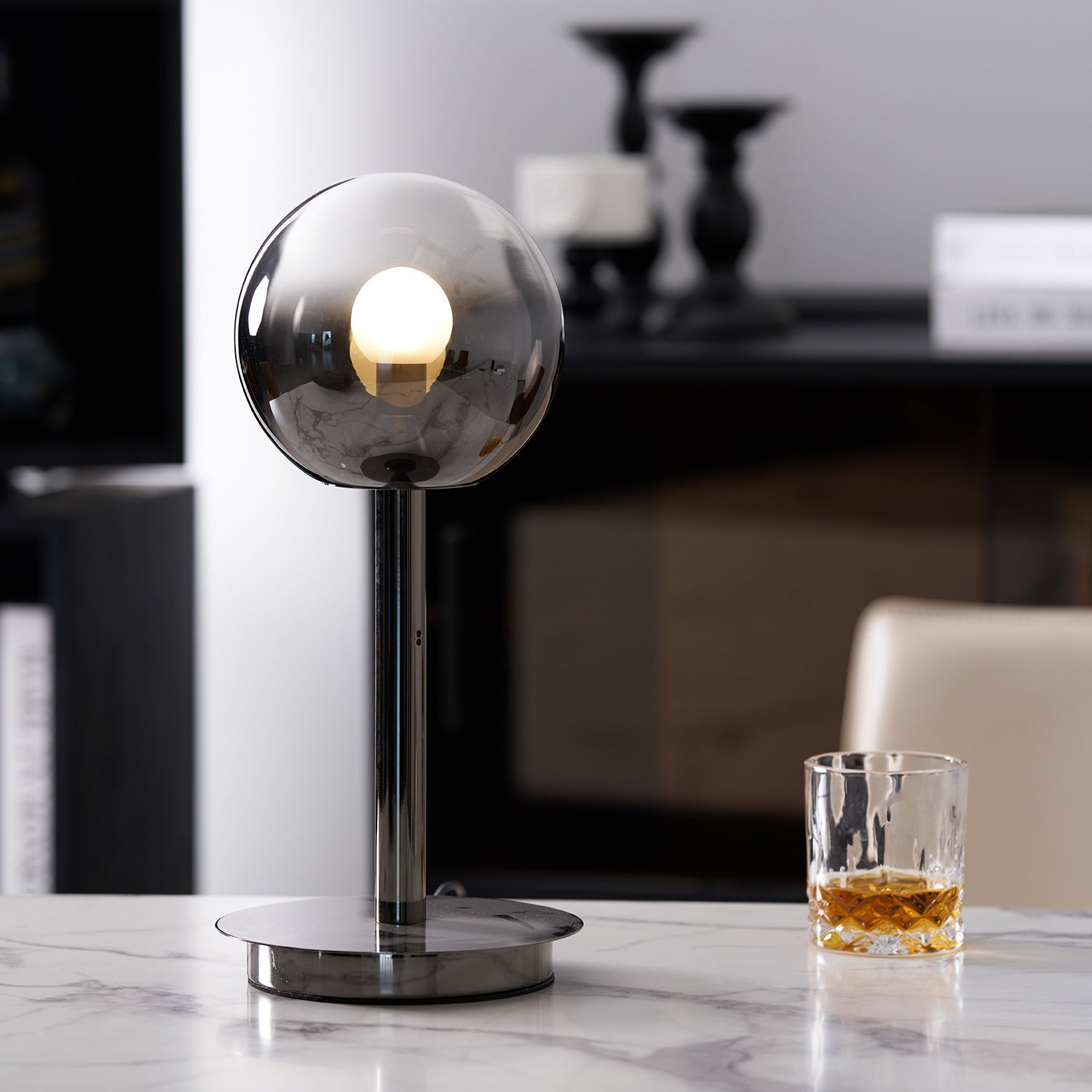 Floating Fireball Mirrored Glass Orb Table Lamp