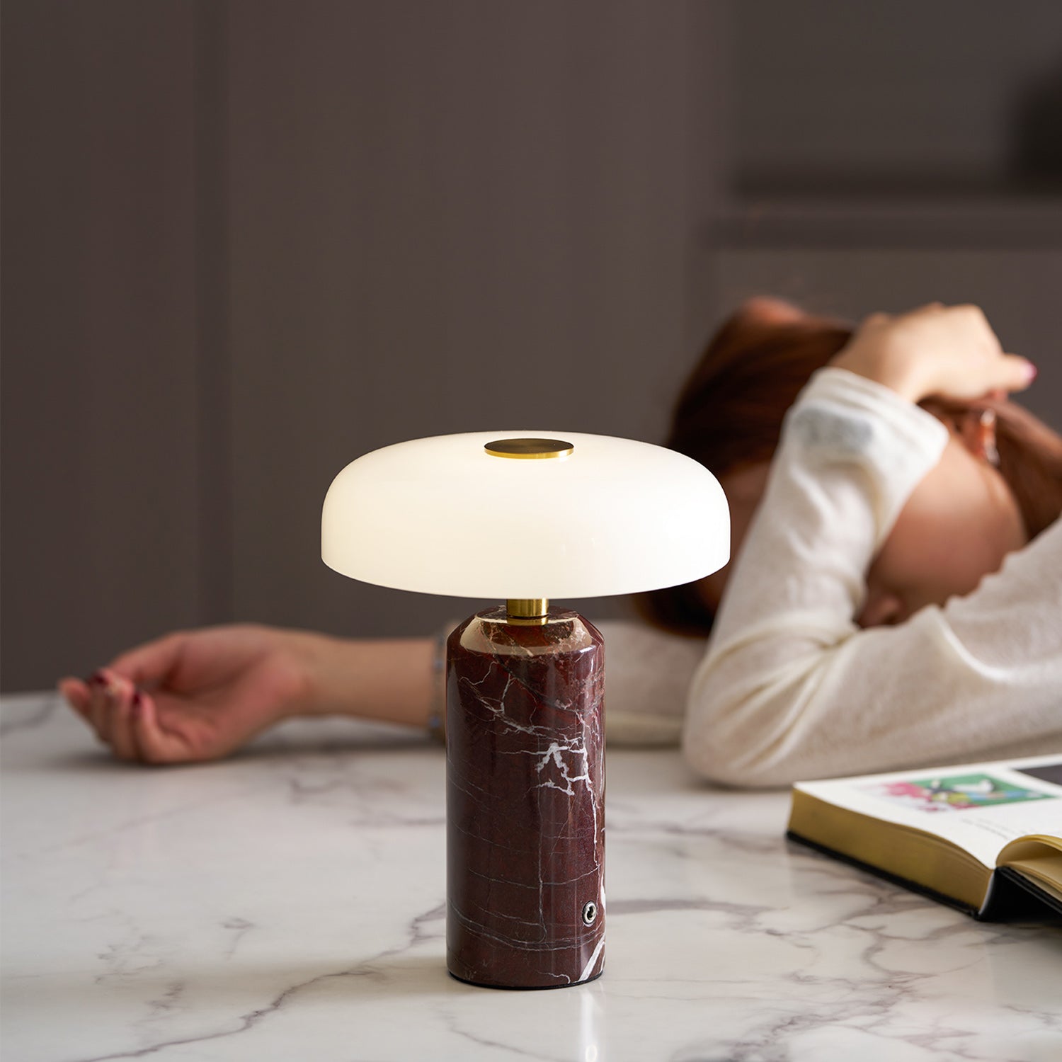 Opaline Glass Orb Marble Base Cordless Table Lamp