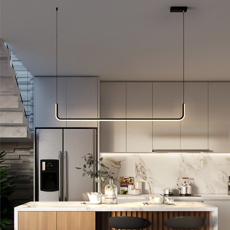 LuxLinea: Modern LED Pendant Light – Linear Metal Lamp in Gold & Black for Dining Room & Living Room