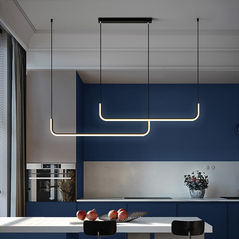 LuxLinea: Modern LED Pendant Light – Linear Metal Lamp in Gold & Black for Dining Room & Living Room
