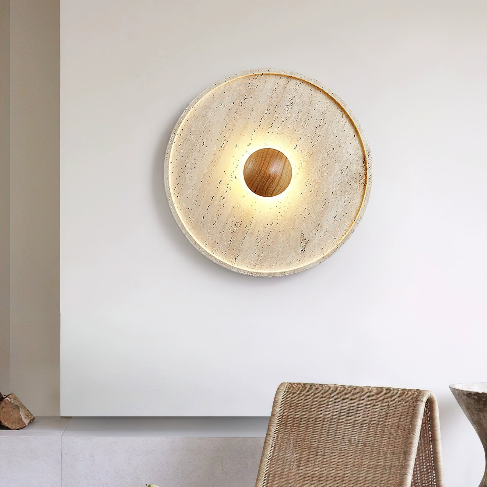 Travertine Disc Solid Wood Wall Sconce