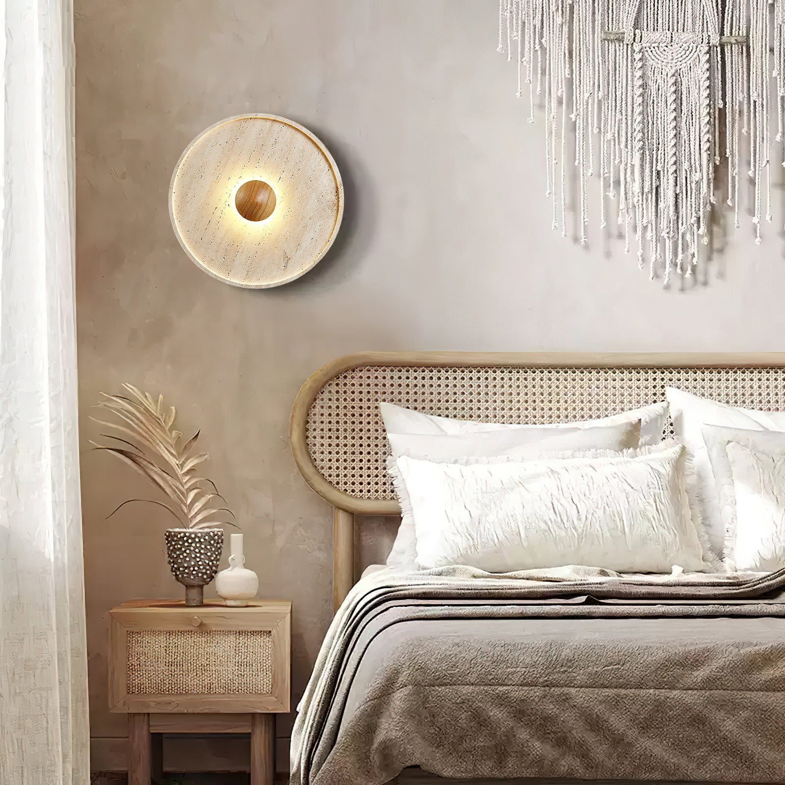 Travertine Disc Solid Wood Wall Sconce