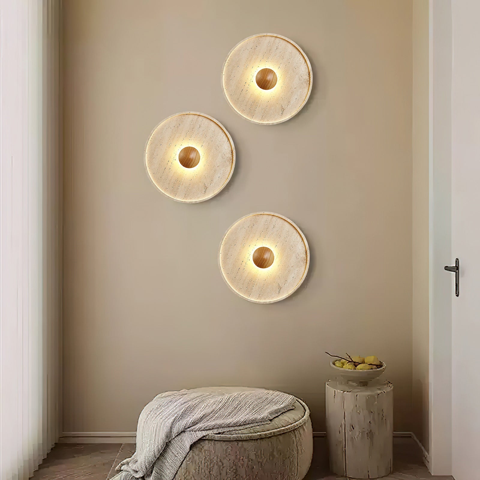Travertine Disc Solid Wood Wall Sconce