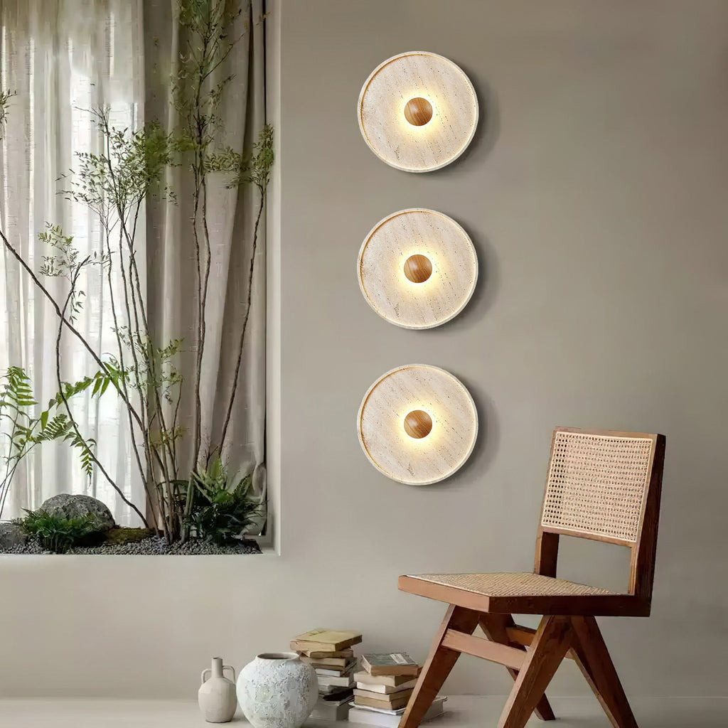 Travertine Disc Solid Wood Wall Sconce