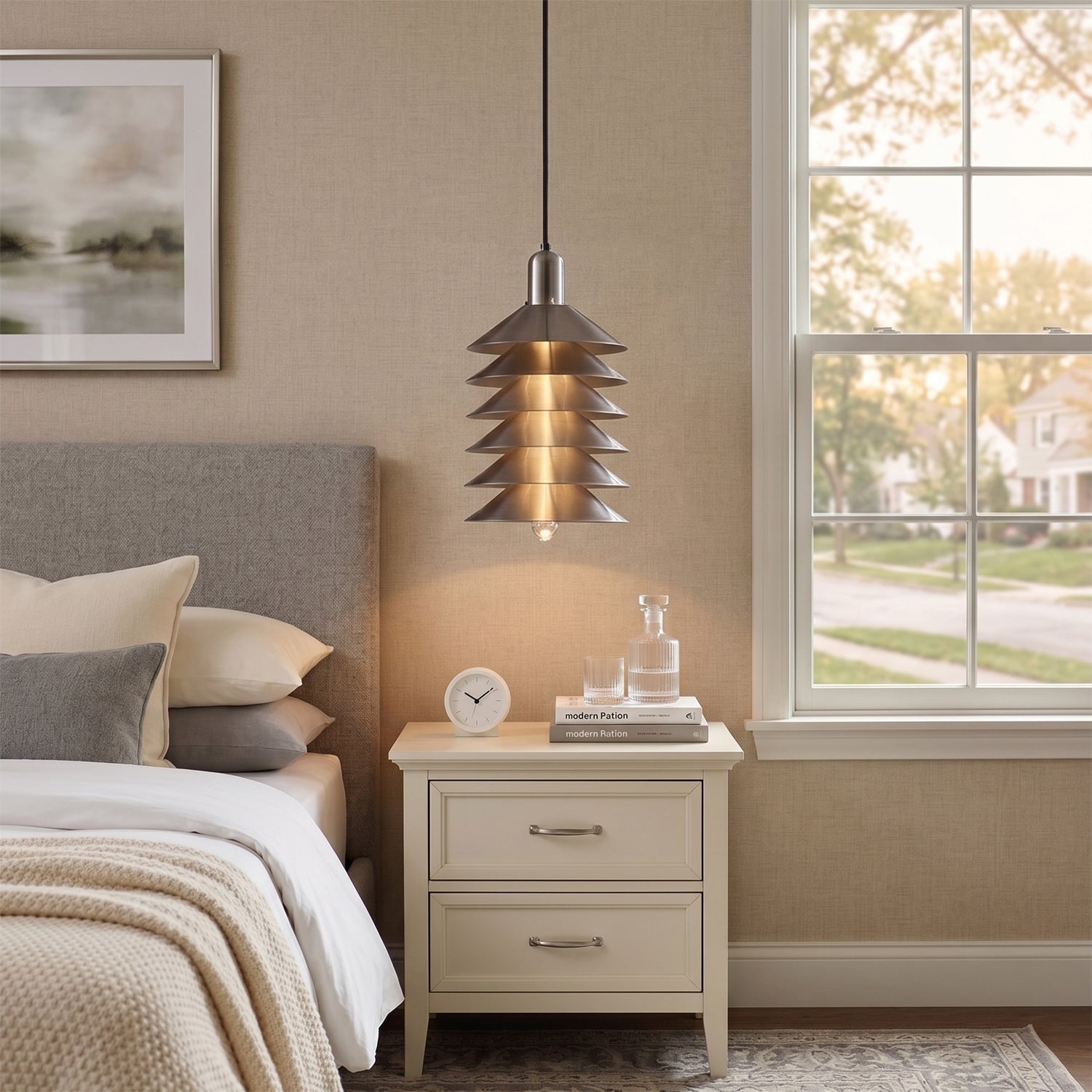 Stacked Conical Tiers Brushed Metal Pendant Light