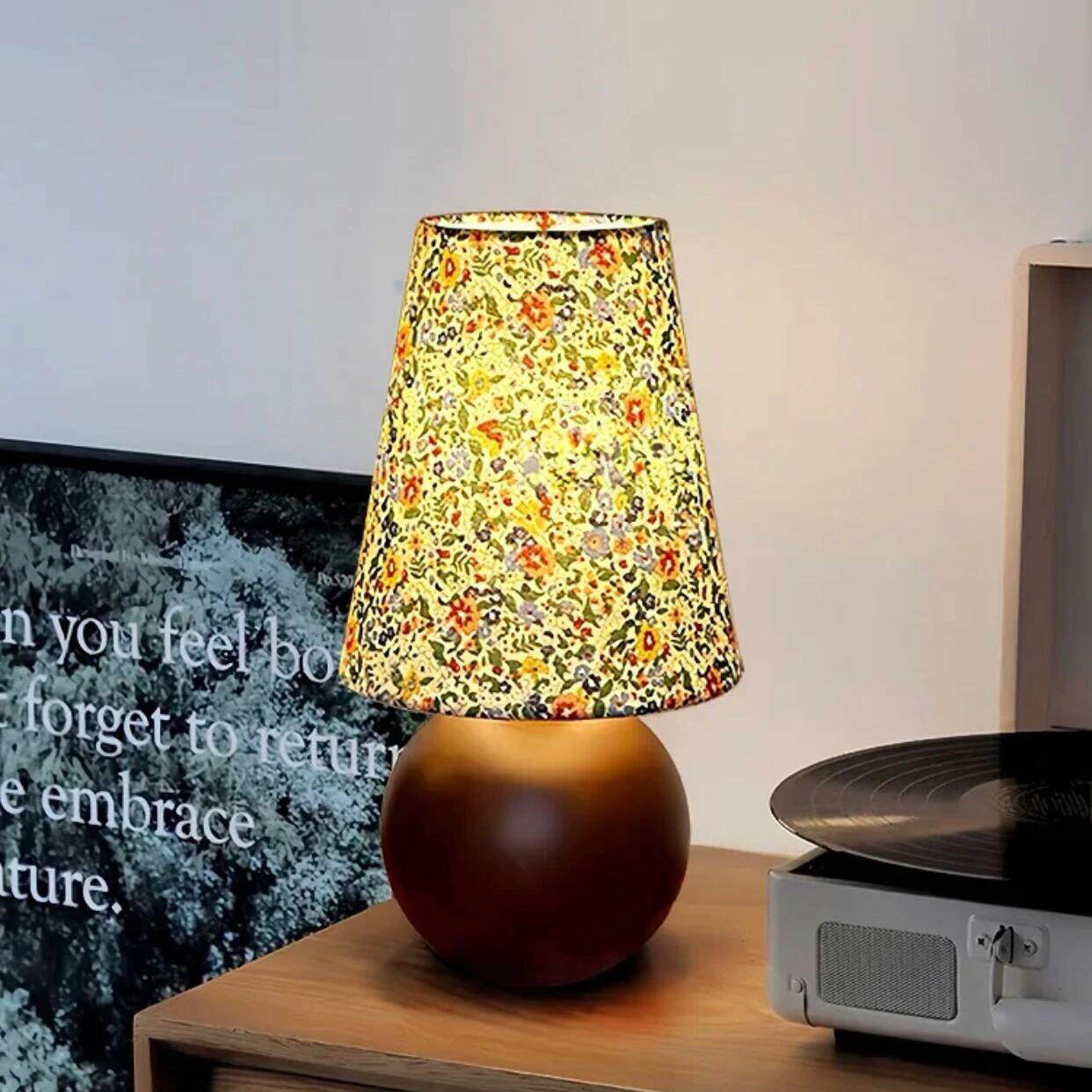 Wildflower Drum Shade Walnut Wood Table Lamp