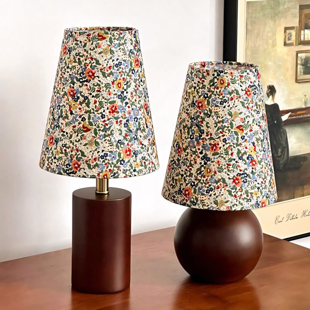 Wildflower Drum Shade Walnut Wood Table Lamp