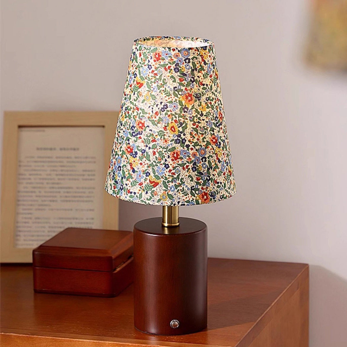Wildflower Drum Shade Walnut Wood Table Lamp