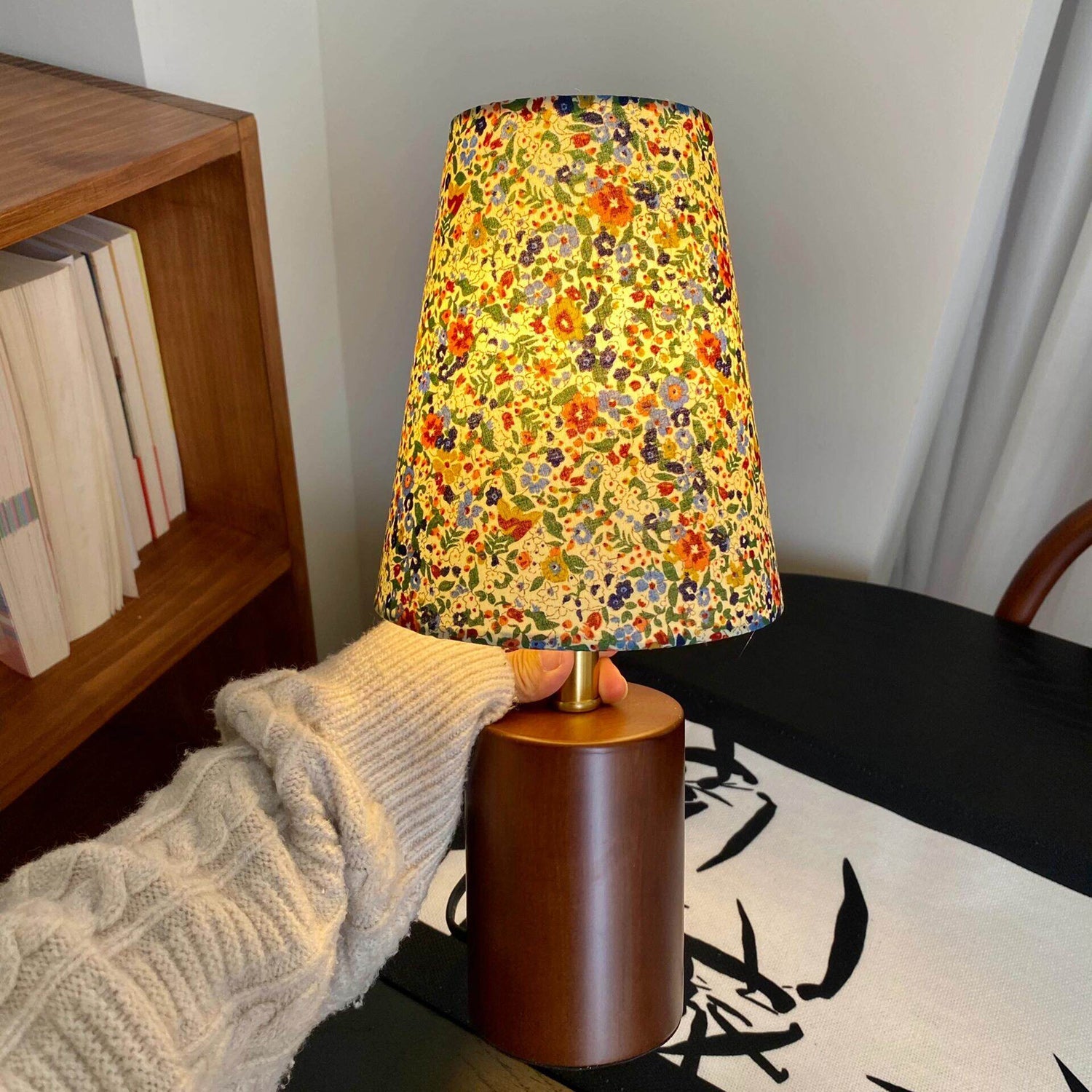 Wildflower Drum Shade Walnut Wood Table Lamp