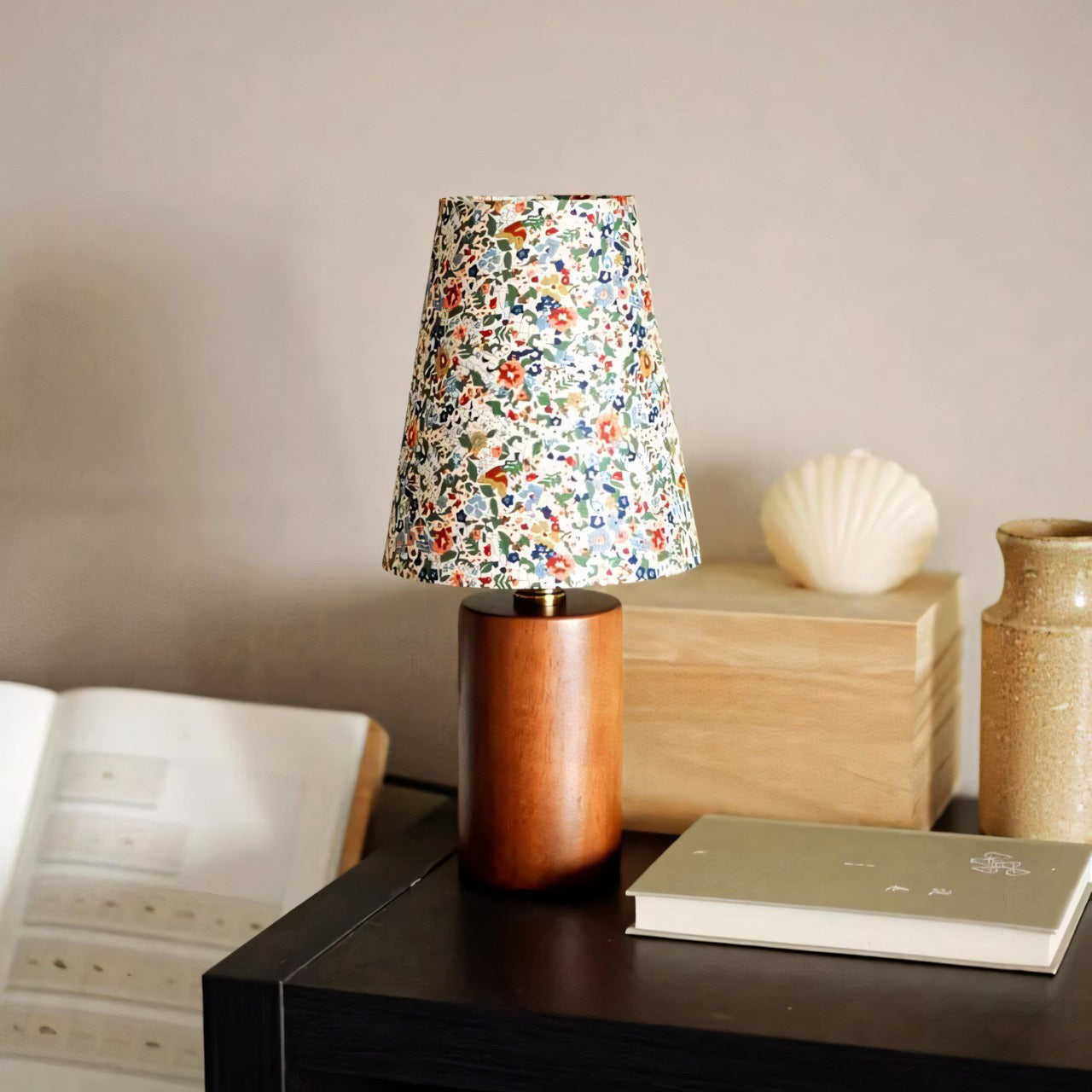 Wildflower Drum Shade Walnut Wood Table Lamp
