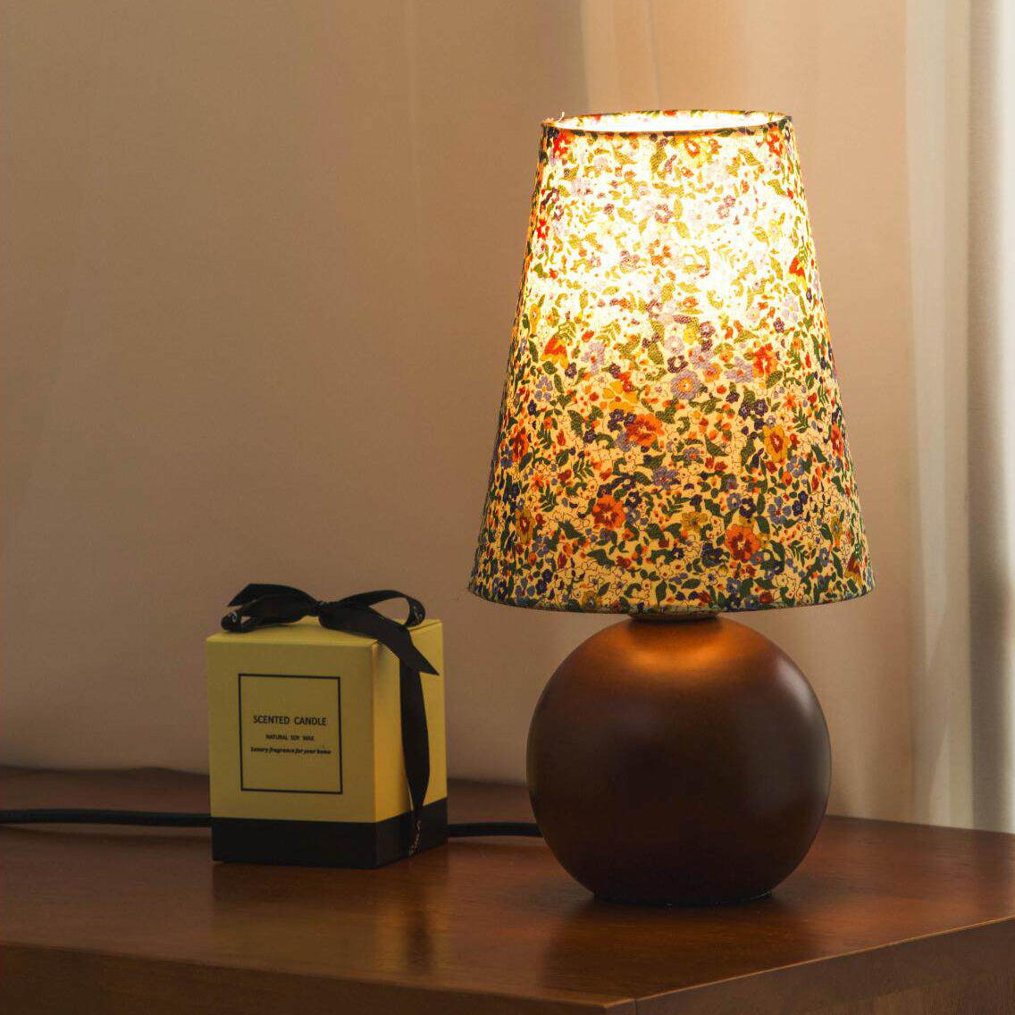 Wildflower Drum Shade Walnut Wood Table Lamp