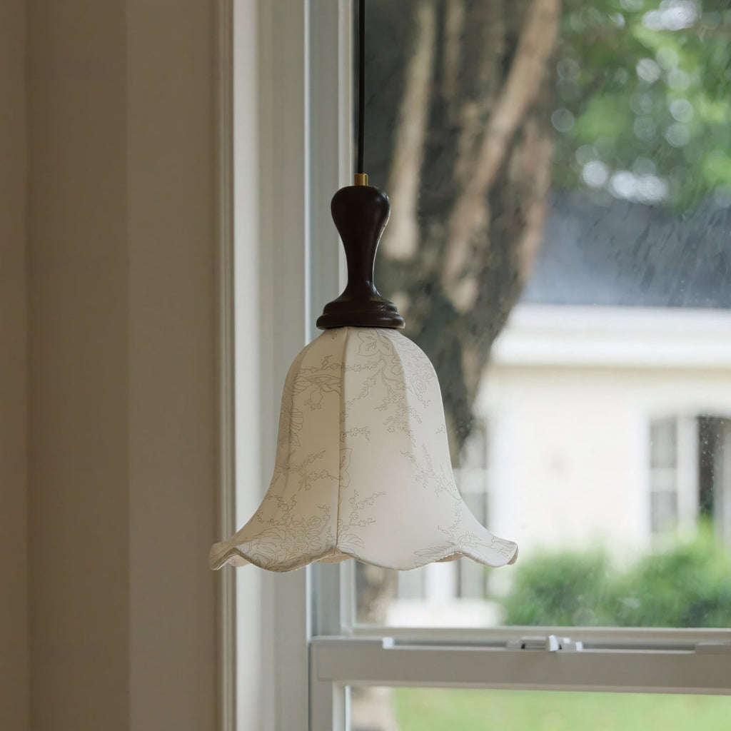 Botanical Fabric Shade Ash Wood Pendant Light