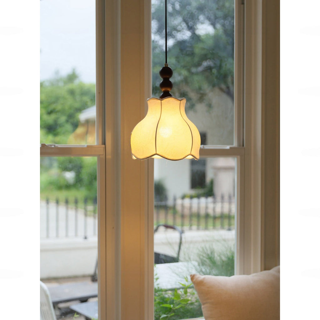 Botanical Fabric Shade Ash Wood Pendant Light