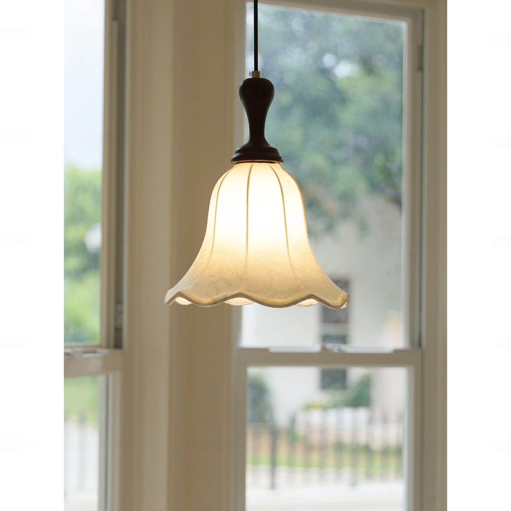 Botanical Fabric Shade Ash Wood Pendant Light