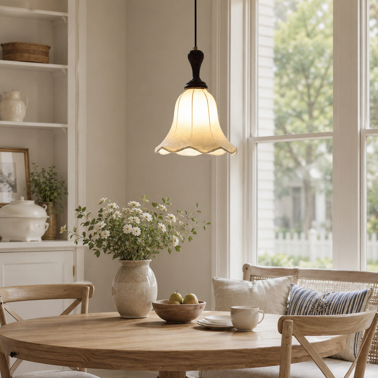 Botanical Fabric Shade Ash Wood Pendant Light
