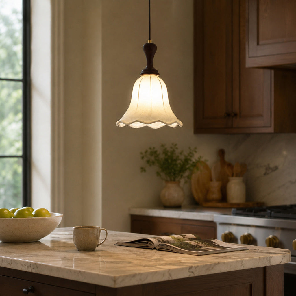 Botanical Fabric Shade Ash Wood Pendant Light