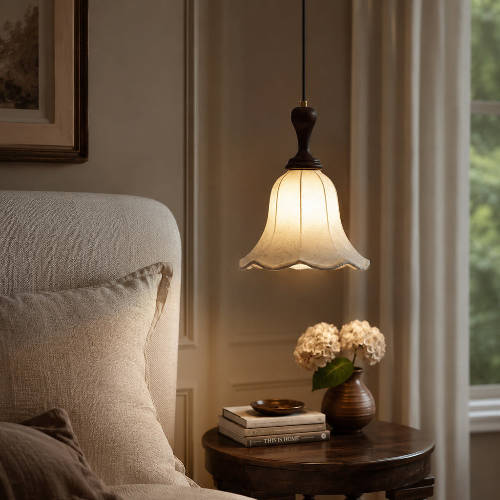 Botanical Fabric Shade Ash Wood Pendant Light