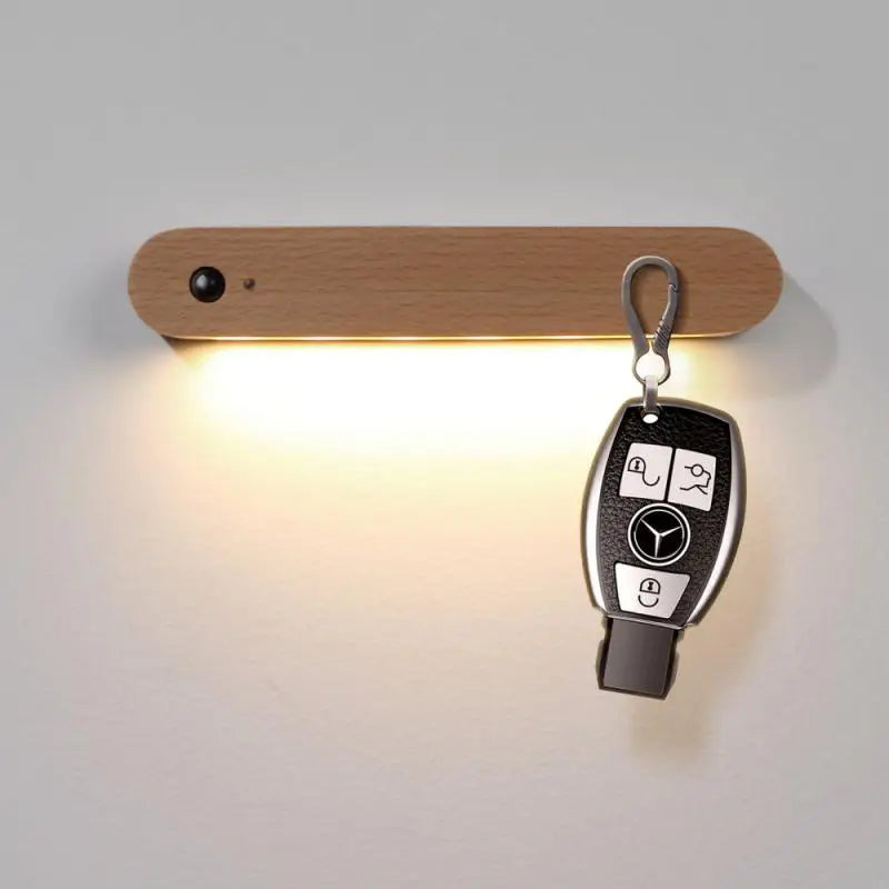 Magnetic Wooden Key Holder for Wall with Motion Sensor LED Light, 500 mAh Rechargeable Battery, Beech Finish