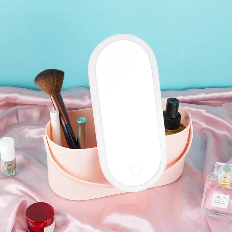 Makeup Storage Box with LED Light Mirror Portable Cosmetic Organizer