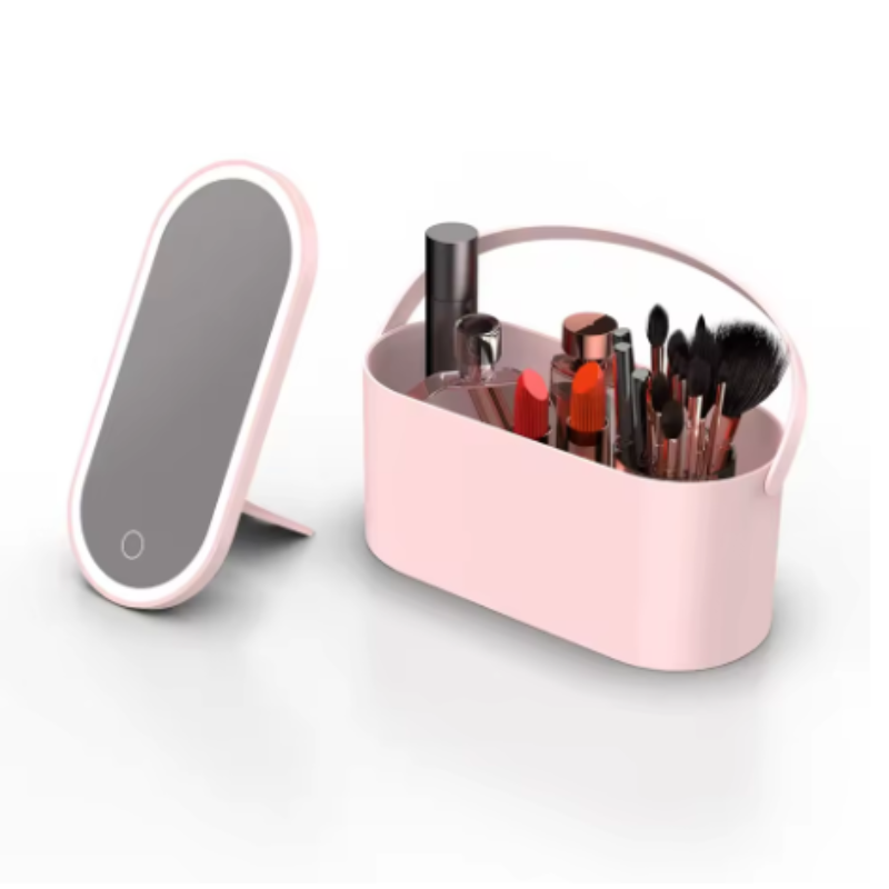 Makeup Storage Box with LED Light Mirror Portable Cosmetic Organizer