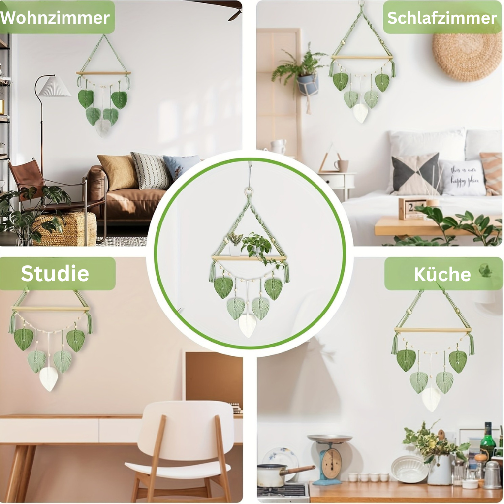 Macrame Leaf: Wooden Wall Shelf – decorative, floating & hanging with handcrafted leaves in Boho style for bedroom & living room