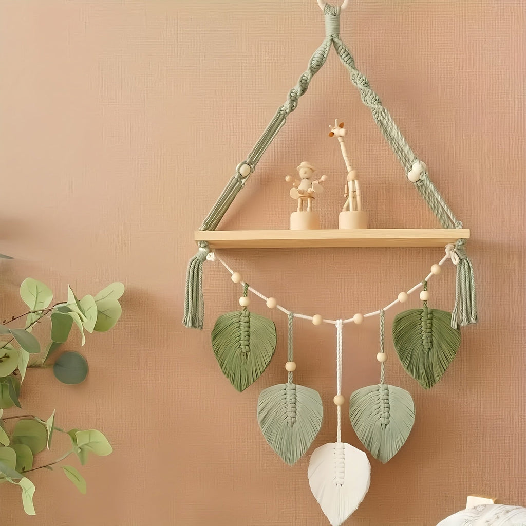 Macrame Leaf: Wooden Wall Shelf – decorative, floating & hanging with handcrafted leaves in Boho style for bedroom & living room