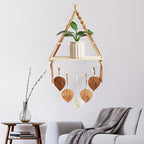 Macrame Leaf: Wooden Wall Shelf – decorative, floating & hanging with handcrafted leaves in Boho style for bedroom & living room