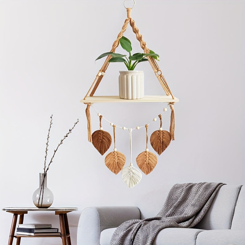 Macrame Leaf: Wooden Wall Shelf – decorative, floating & hanging with handcrafted leaves in Boho style for bedroom & living room
