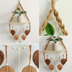 Macrame Leaf: Wooden Wall Shelf – decorative, floating & hanging with handcrafted leaves in Boho style for bedroom & living room