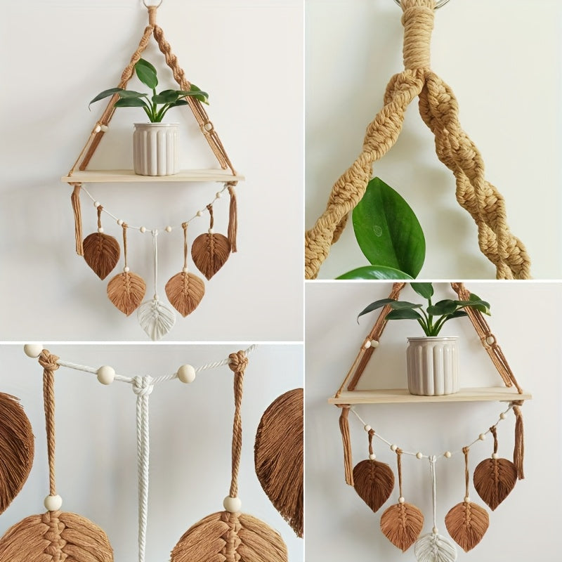 Macrame Leaf: Wooden Wall Shelf – decorative, floating & hanging with handcrafted leaves in Boho style for bedroom & living room