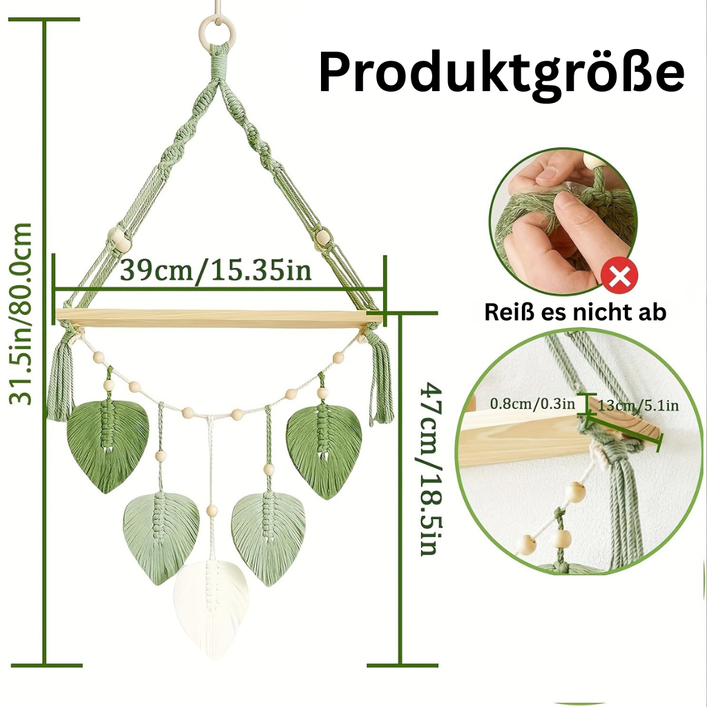 Macrame Leaf: Wooden Wall Shelf – decorative, floating & hanging with handcrafted leaves in Boho style for bedroom & living room